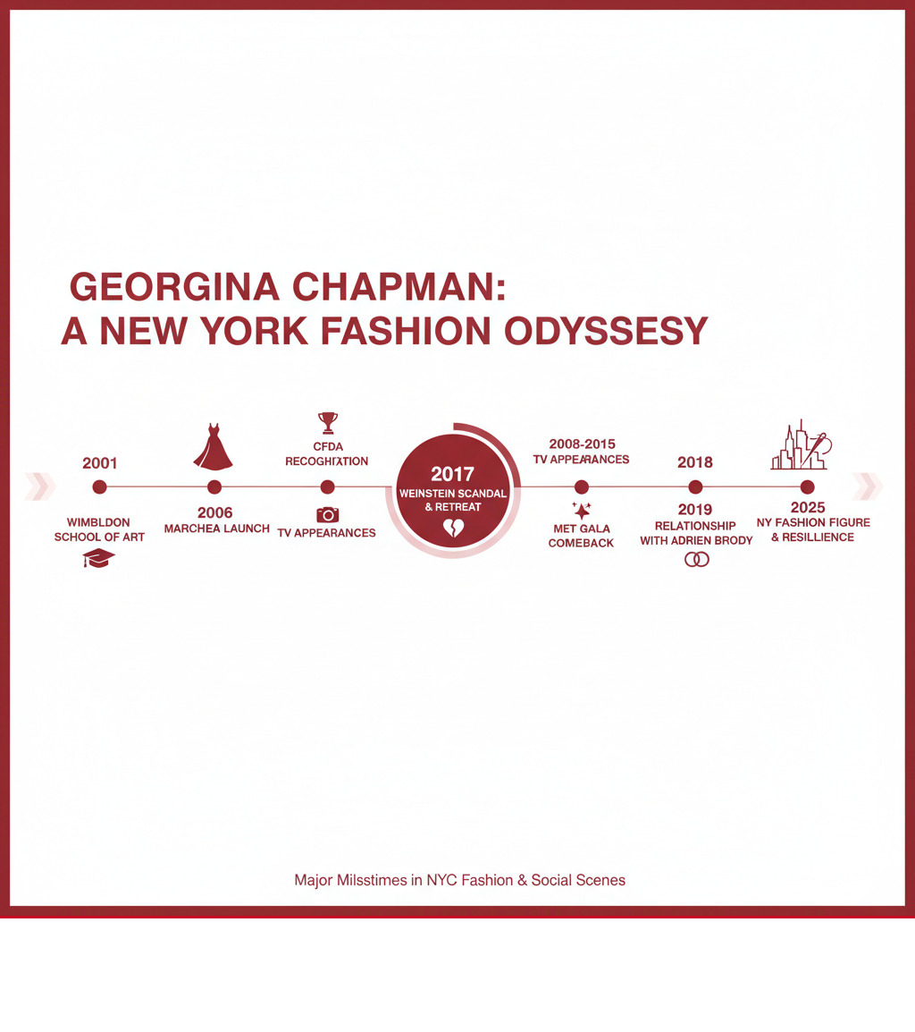 Infographic showing Georgina Chapman's career timeline from 2004 Marchesa launch through Wimbledon School of Art education, 2006 CFDA recognition, television appearances, 2017 Harvey Weinstein scandal and retreat from public life, 2018 Met Gala comeback, 2019 relationship with Adrien Brody, and current status as New York fashion figure with focus on major milestones in New York City fashion and social scenes - georgina chapman infographic 