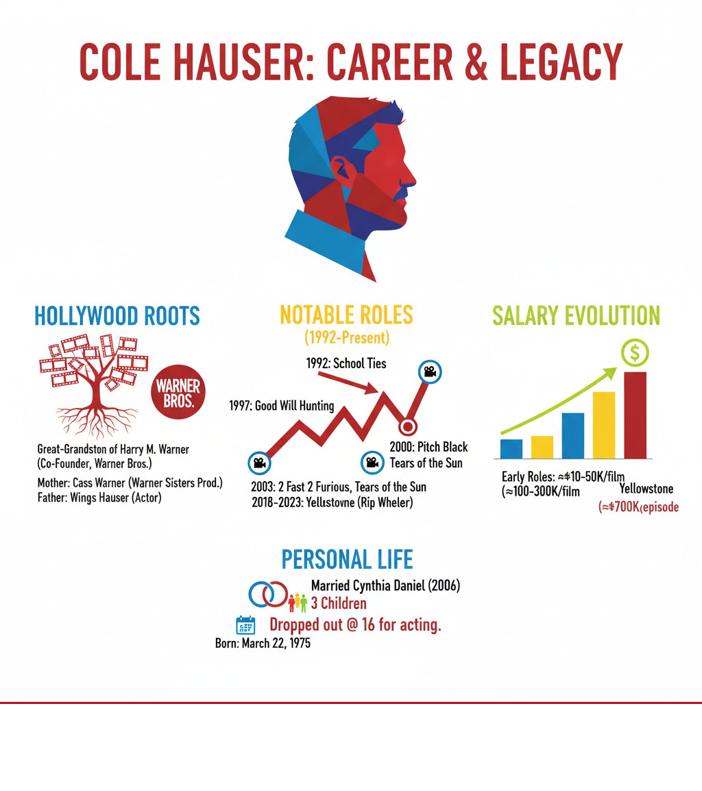 Comprehensive breakdown of Cole Hauser's career milestones, family connections to Warner Bros, notable film and television roles from 1992 to present, salary progression culminating in Yellowstone success, and personal life details including marriage to Cynthia Daniel and three children - cole hauser infographic 