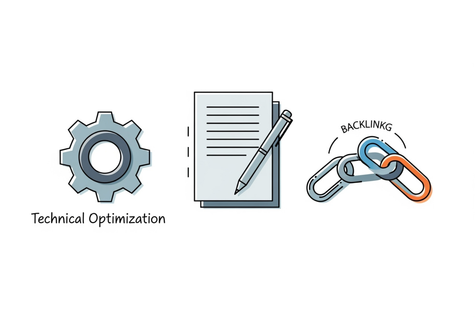 icons representing different SEO services like technical, content, and links - white label seo services