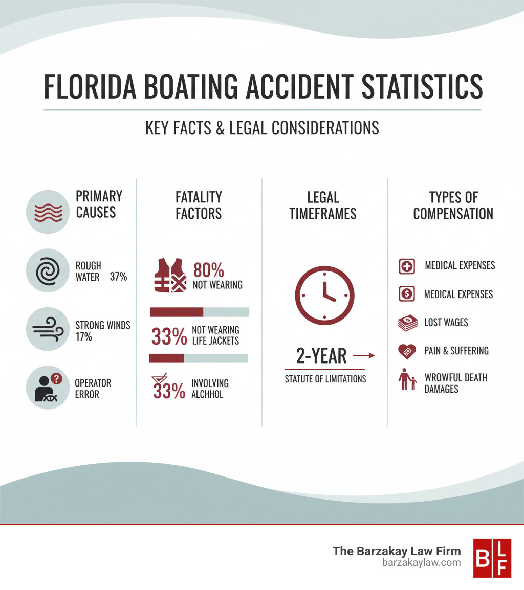 Infographic showing Florida boating accident statistics including primary causes (rough water 37%, strong winds 17%, operator error), fatality factors (80% not wearing life jackets, 33% involving alcohol), legal timeframes (2-year statute of limitations), and types of compensation available (medical expenses, lost wages, pain and suffering, wrongful death damages) - boating accident lawsuit infographic 