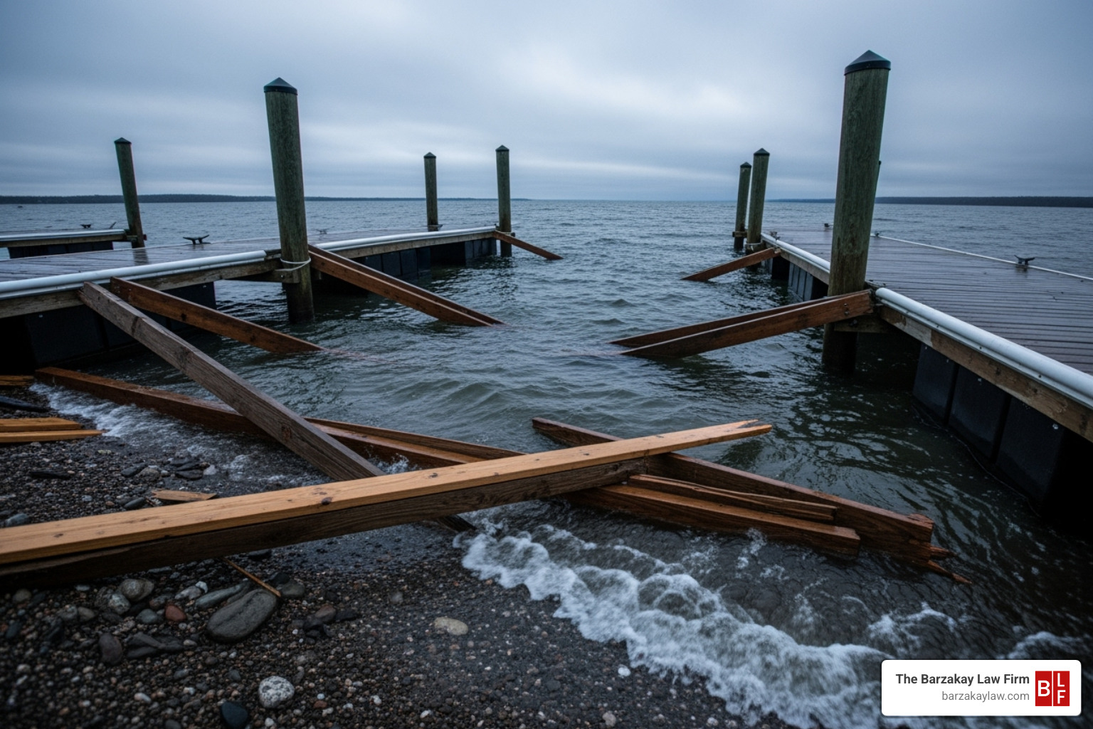 damaged boat dock after a collision - boating accident lawsuit