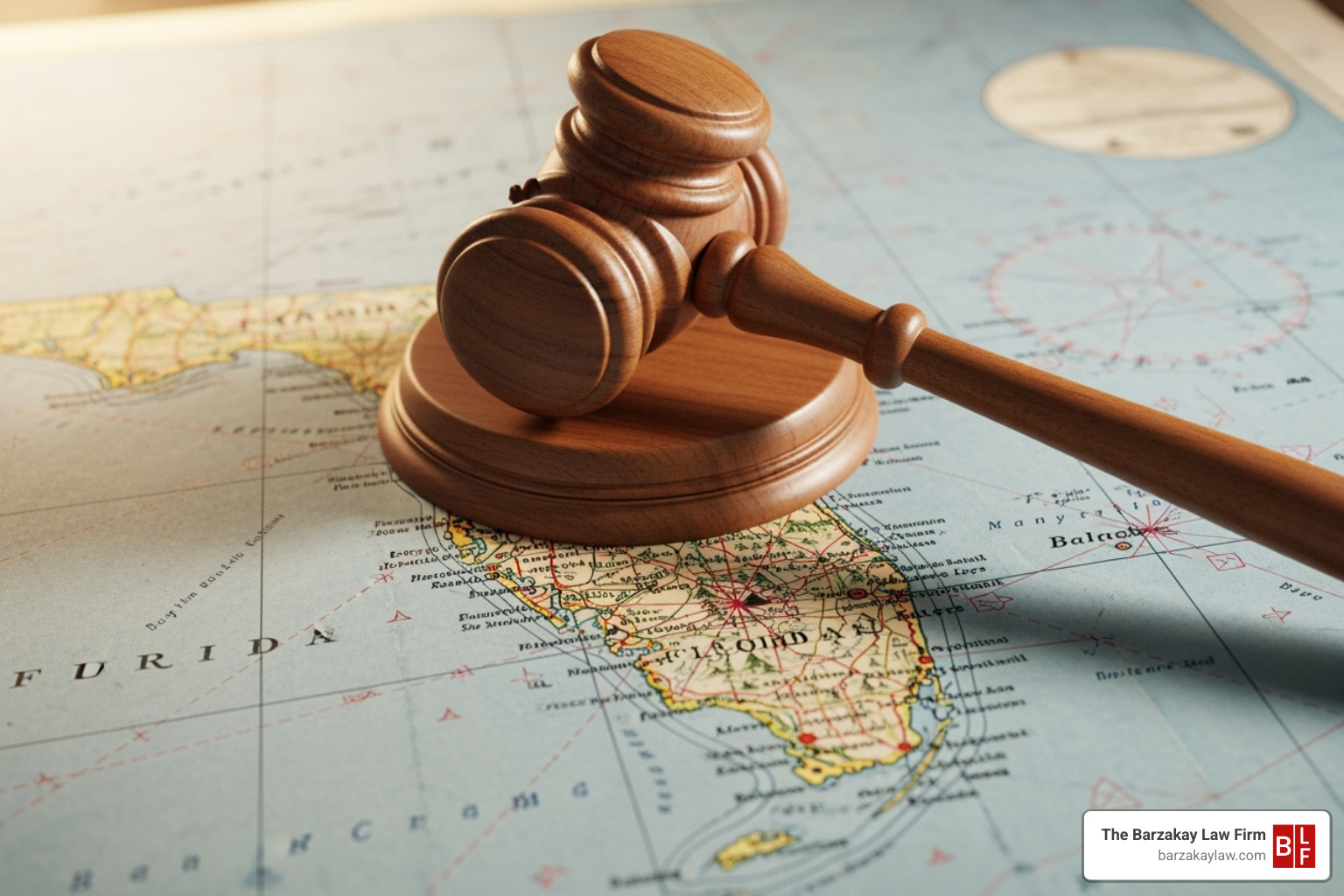 gavel resting on a nautical map of Florida - boating accident lawsuit