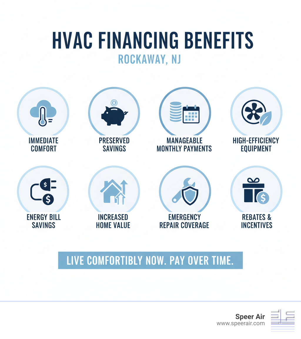 Comprehensive infographic showing HVAC financing benefits including immediate comfort, preserved savings, manageable monthly payments, access to high-efficiency equipment, energy bill savings, increased home value, emergency repair coverage, and available rebates and incentives in Rockaway NJ - hvac financing deals rockaway nj infographic Comprehensive infographic showing HVAC financing benefits including immediate comfort, preserved savings, manageable monthly payments, access to high-efficiency equipment, energy bill savings, increased home value, emergency repair coverage, and available rebates and incentives in Rockaway NJ - hvac financing deals rockaway nj infographic