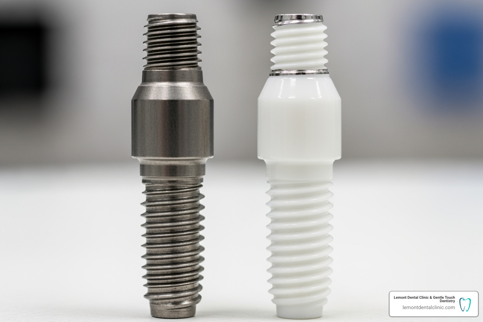 Side-by-side comparison of titanium and zirconia dental implant posts - price of full mouth dental implants Side-by-side comparison of titanium and zirconia dental implant posts - price of full mouth dental implants
