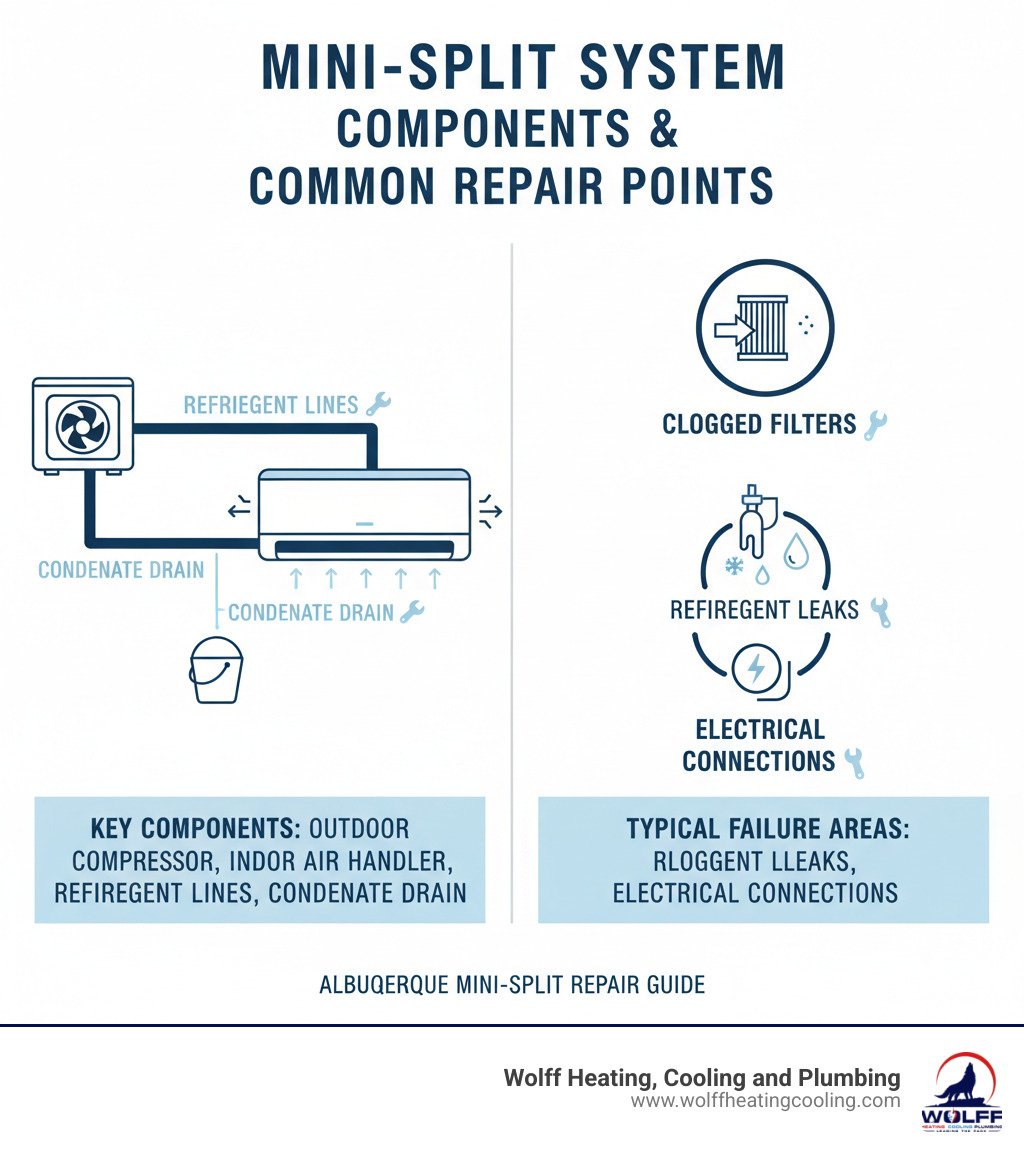 Detailed infographic showing mini-split system components including outdoor compressor unit, indoor air handler, refrigerant lines, condensate drain, and common repair points with labels for typical failure areas like clogged filters, refrigerant leaks, and electrical connections - mini split repair albuquerque infographic Detailed infographic showing mini-split system components including outdoor compressor unit, indoor air handler, refrigerant lines, condensate drain, and common repair points with labels for typical failure areas like clogged filters, refrigerant leaks, and electrical connections - mini split repair albuquerque infographic