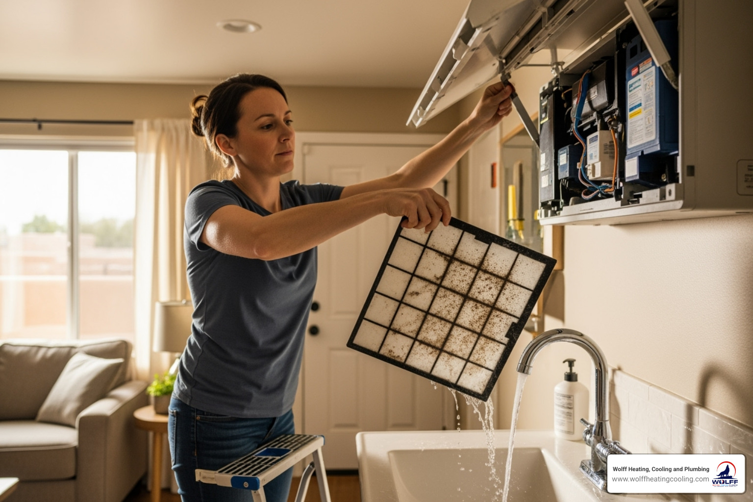 image of a homeowner cleaning a mini-split filter - mini split repair albuquerque image of a homeowner cleaning a mini-split filter - mini split repair albuquerque