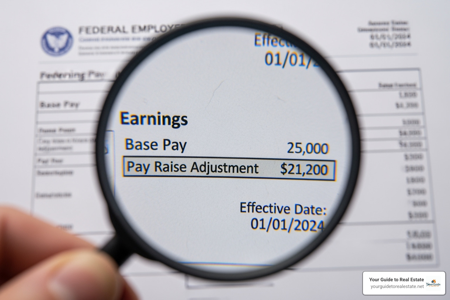 Magnifying glass over a federal employee pay stub, highlighting the 2025 pay raise details - federal employee pay raise 2025