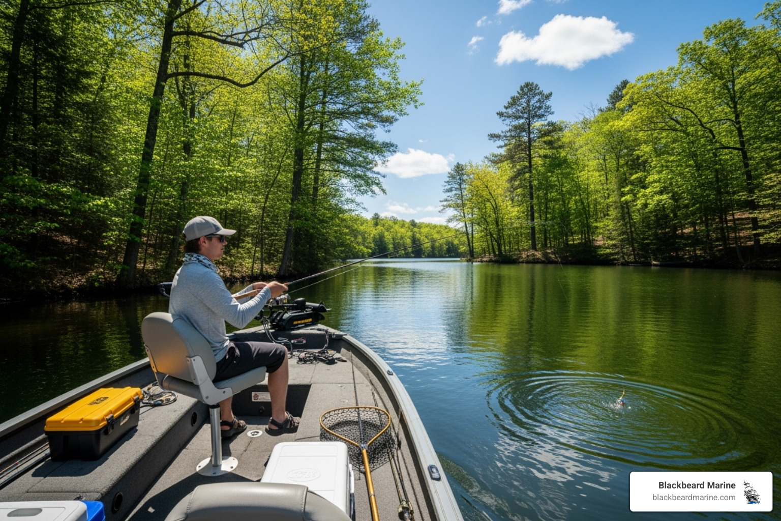 A G3 or Lowe aluminum bass boat navigating a cove - bass boats for sale in missouri
