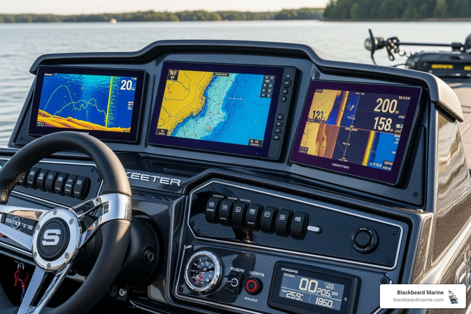 A bass boat's console showing modern fish finders and GPS screens - bass boats for sale in missouri