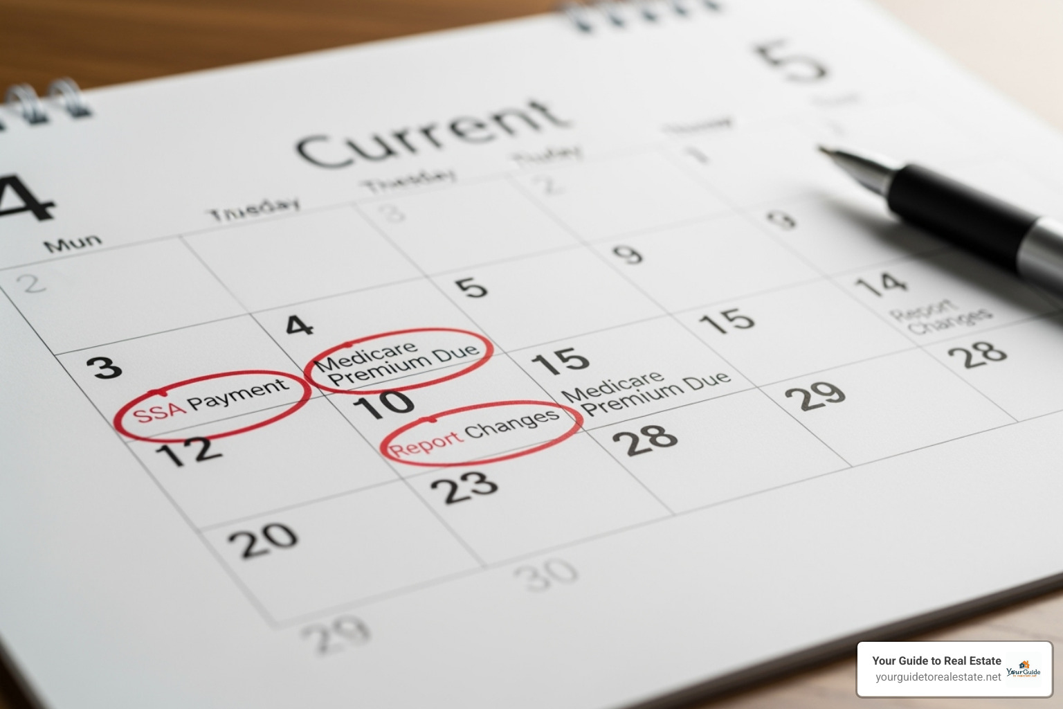 Calendar with key SSA dates circled - wep repeal