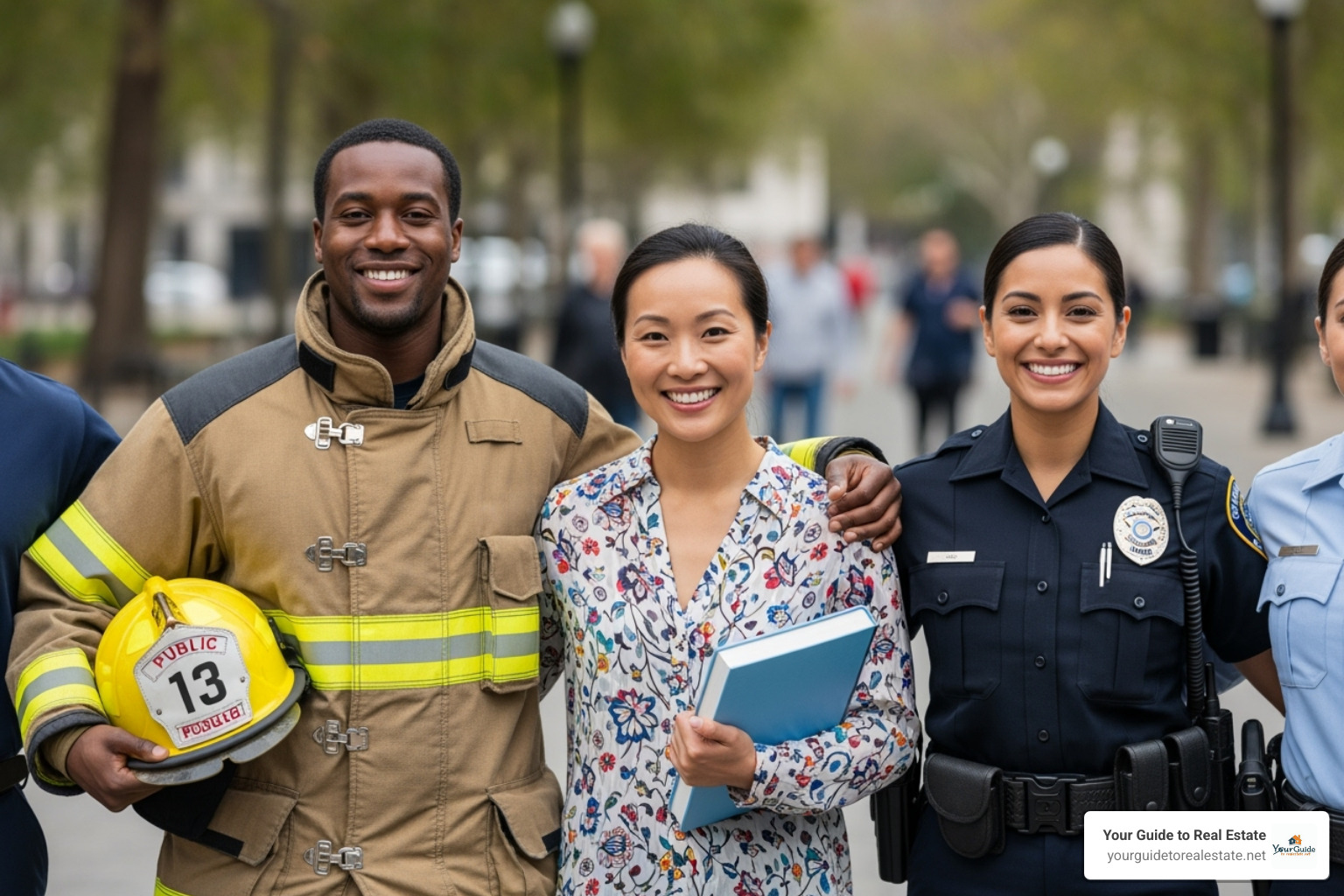 Diverse public sector workers including a teacher, firefighter, and police officer smiling - did biden sign the social security fairness act