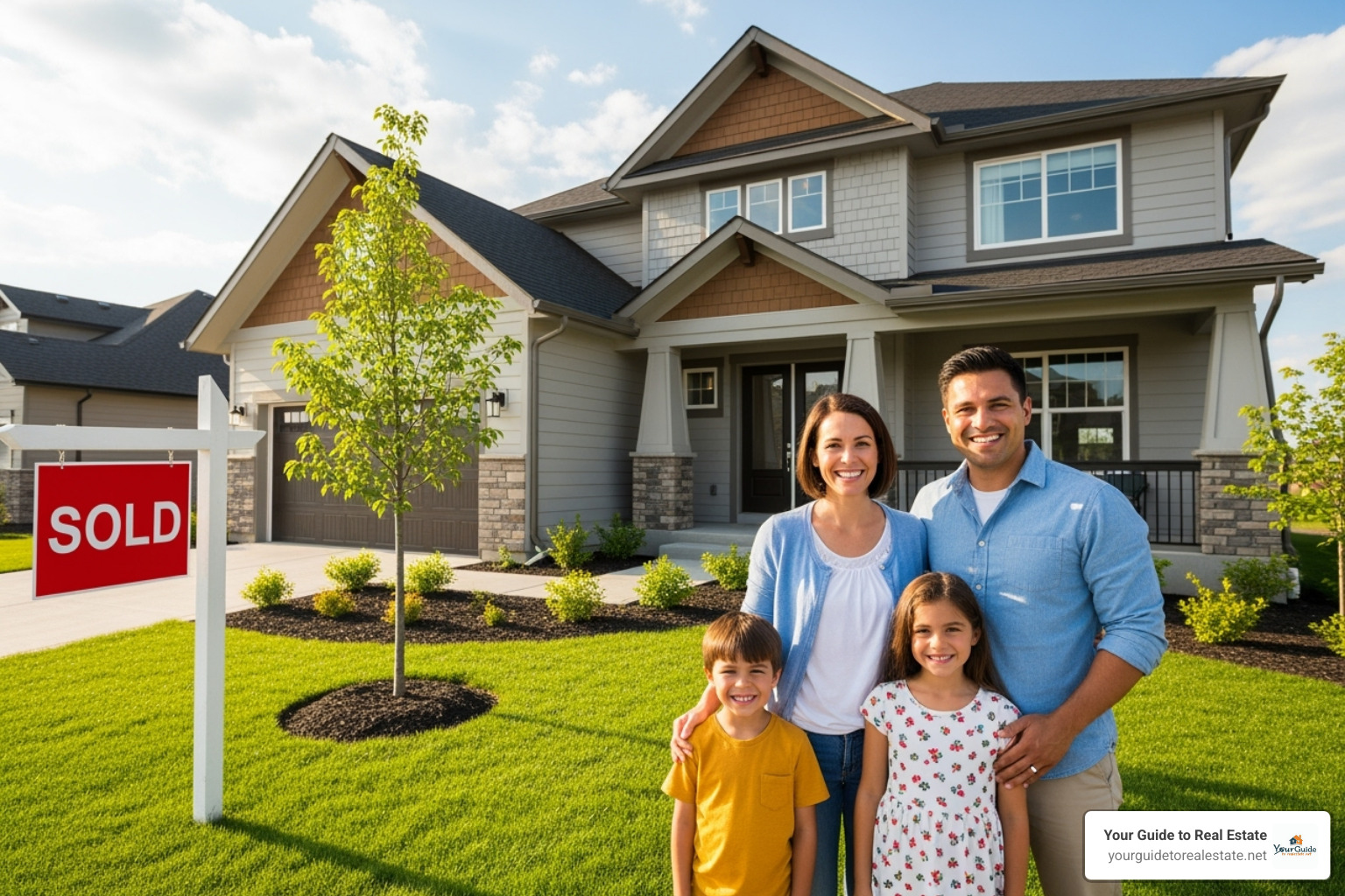 family smiling in front of a sold sign - mortgage rates drop