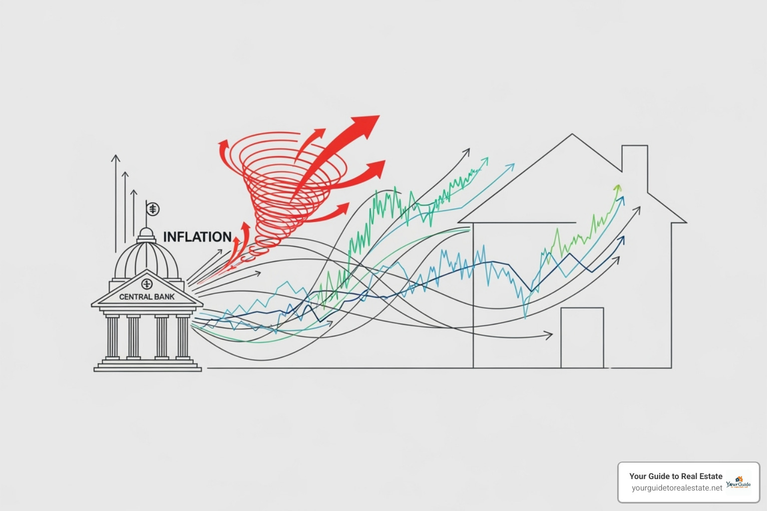 Flowchart showing how the Fed's actions, inflation, and Treasury yields combine to influence mortgage rates. - when will mortgage rates go down