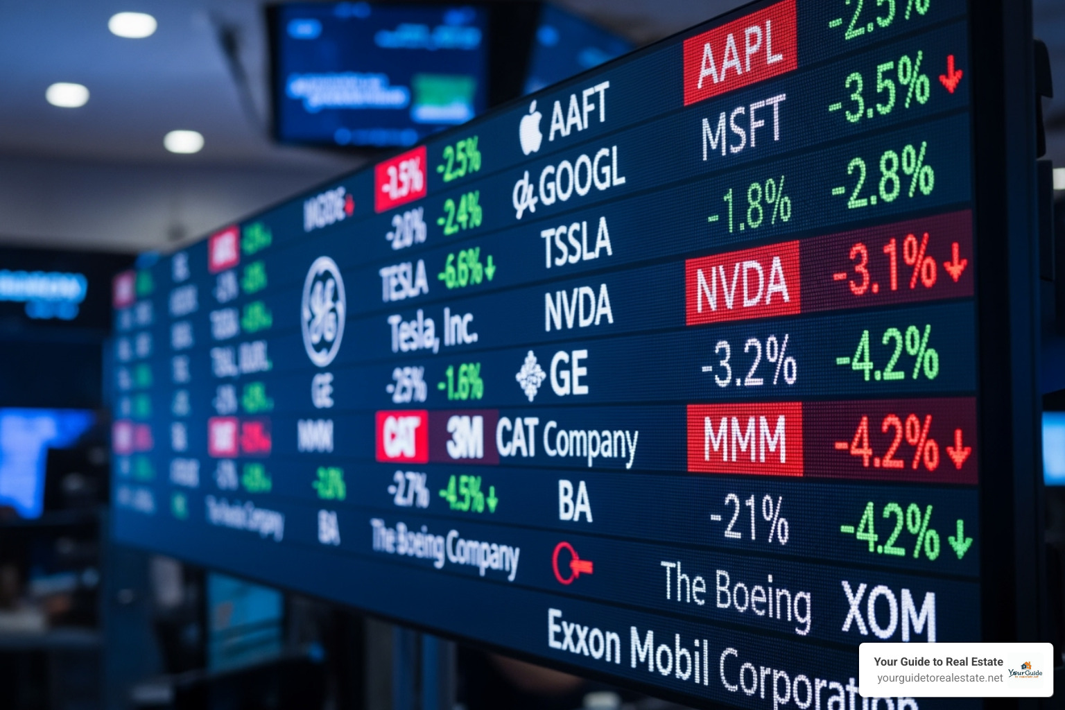 stock ticker showing tech and manufacturing stocks in the red - why is the stock market down today