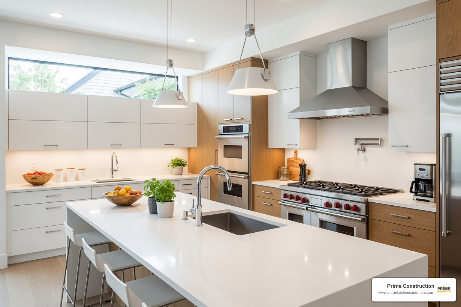 A bright, modern kitchen with white quartz countertops and a large island, remodeled by Prime Kitchens and More - kitchen countertops orlando