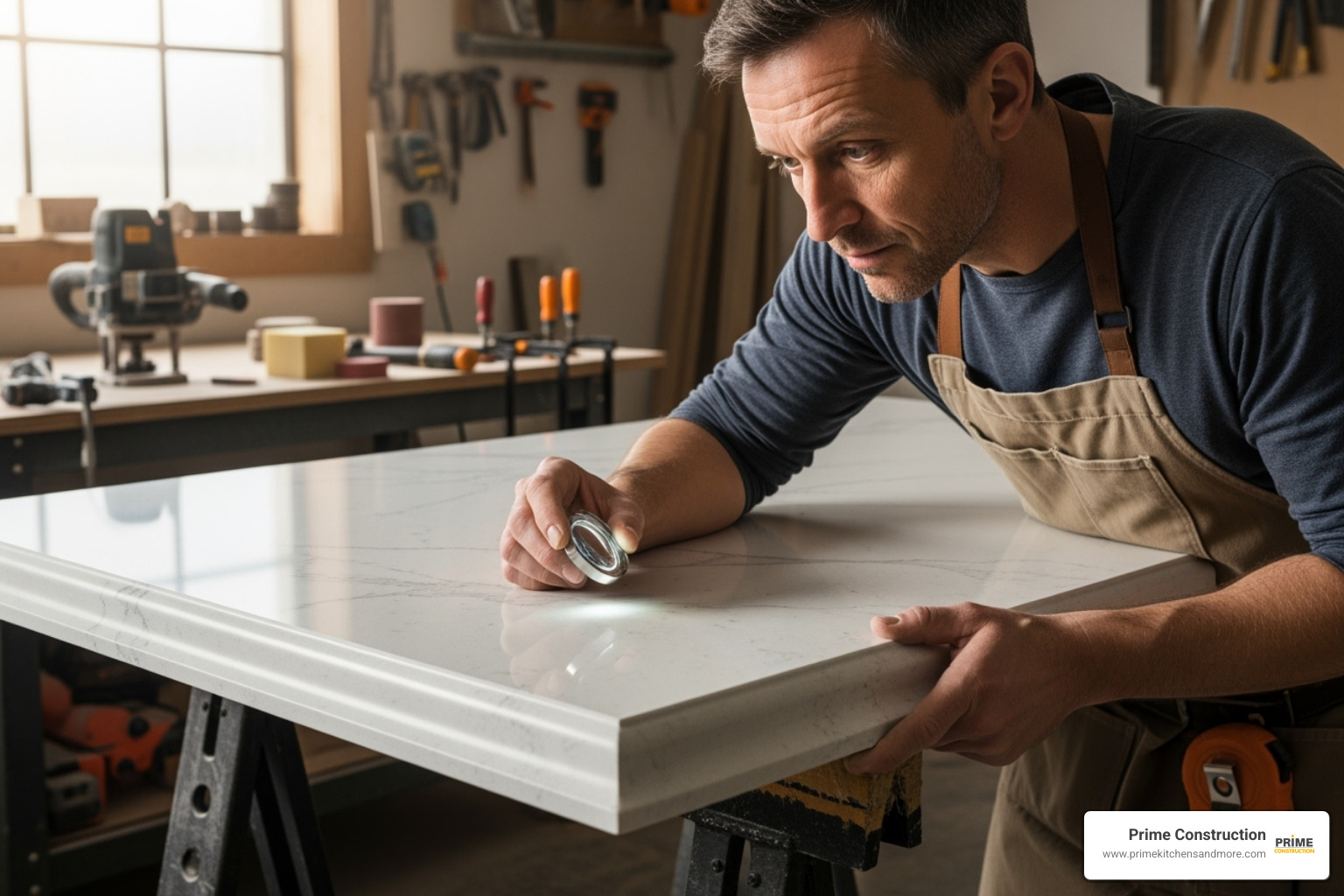A skilled craftsman inspecting a detailed countertop edge profile - kitchen countertops orlando