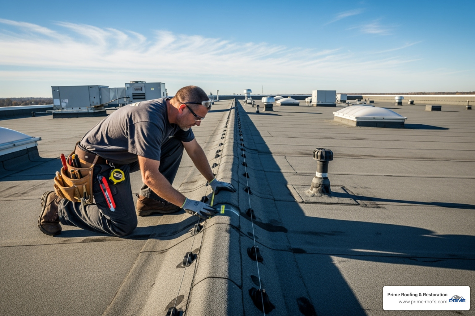 roofer performing a routine inspection on a commercial rubber roof - commercial rubber roofing contractors near me roofer performing a routine inspection on a commercial rubber roof - commercial rubber roofing contractors near me