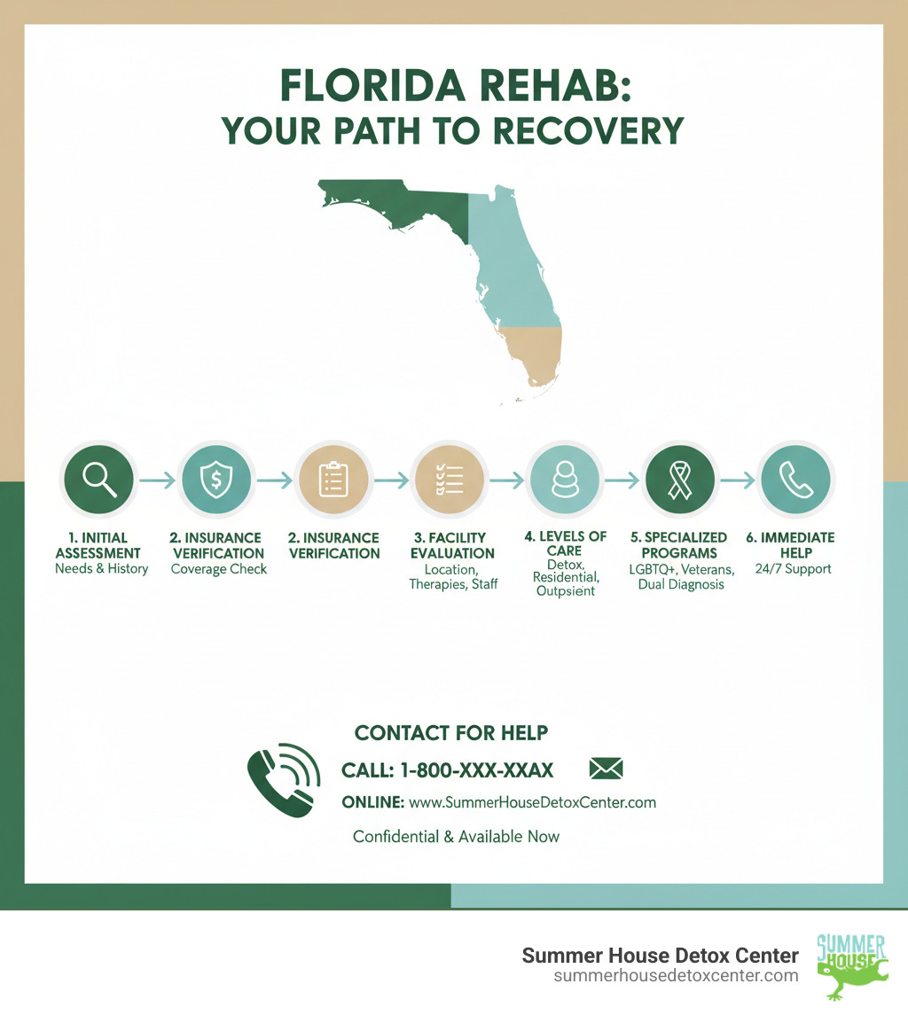 Comprehensive infographic showing the step-by-step process of finding rehab facilities in Florida, including initial assessment, insurance verification, facility evaluation criteria, levels of care options from detox to outpatient, specialized programs available, and contact information for immediate help - rehab facilities in florida infographic Comprehensive infographic showing the step-by-step process of finding rehab facilities in Florida, including initial assessment, insurance verification, facility evaluation criteria, levels of care options from detox to outpatient, specialized programs available, and contact information for immediate help - rehab facilities in florida infographic