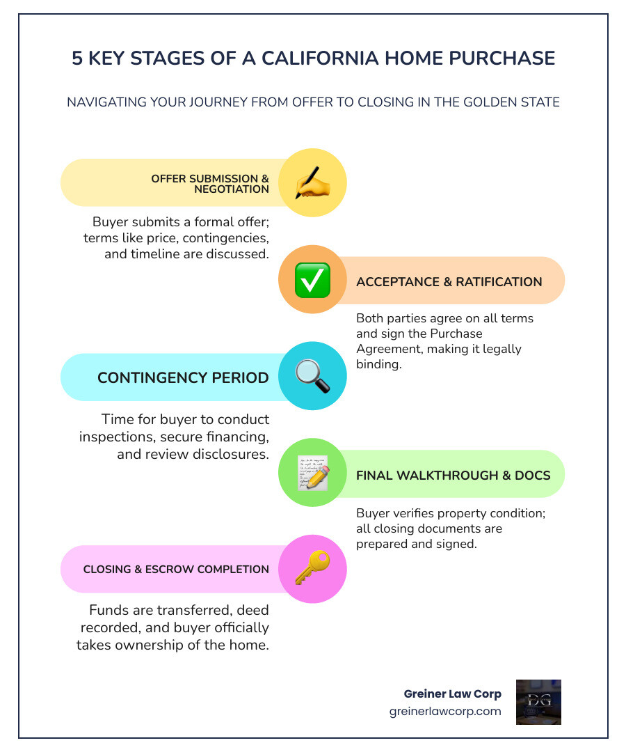 Infographic showing the 5 key stages of a California home purchase: 1) Offer submission and negotiation, 2) Acceptance and contract ratification, 3) Contingency period for inspections and financing, 4) Final walkthrough and document preparation, 5) Closing and escrow completion - california purchase agreement infographic infographic-line-5-steps-colors Infographic showing the 5 key stages of a California home purchase: 1) Offer submission and negotiation, 2) Acceptance and contract ratification, 3) Contingency period for inspections and financing, 4) Final walkthrough and document preparation, 5) Closing and escrow completion - california purchase agreement infographic infographic-line-5-steps-colors