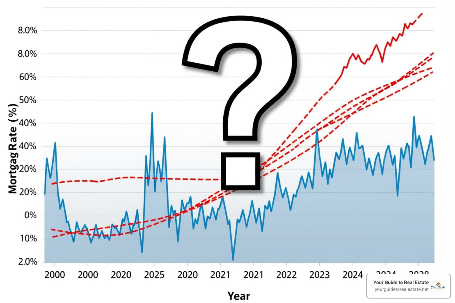 chart with a question mark showing future mortgage rate projections - mortgage rates bad news