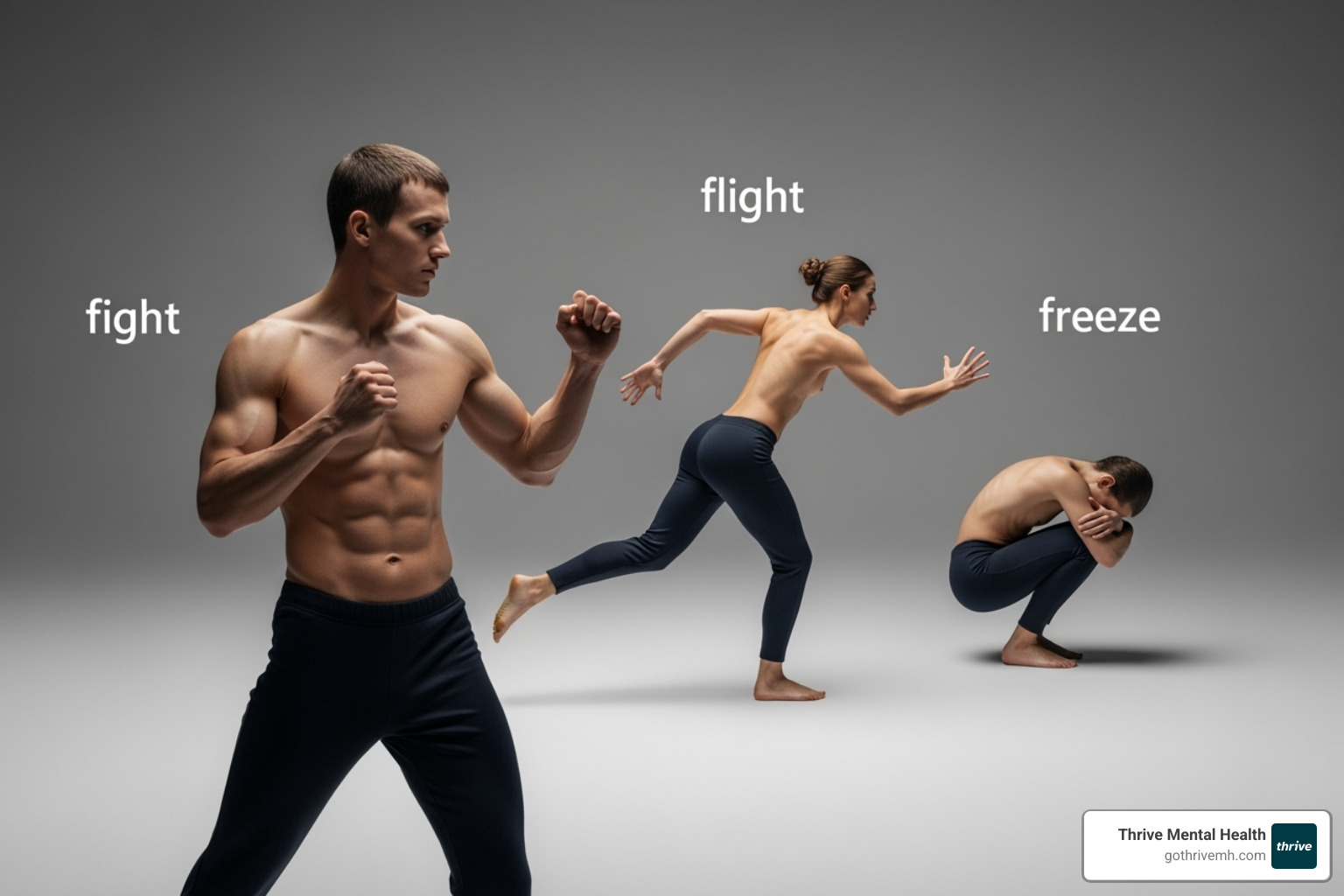 Diagram showing the fight, flight, and freeze responses in the nervous system - how somatic therapy works