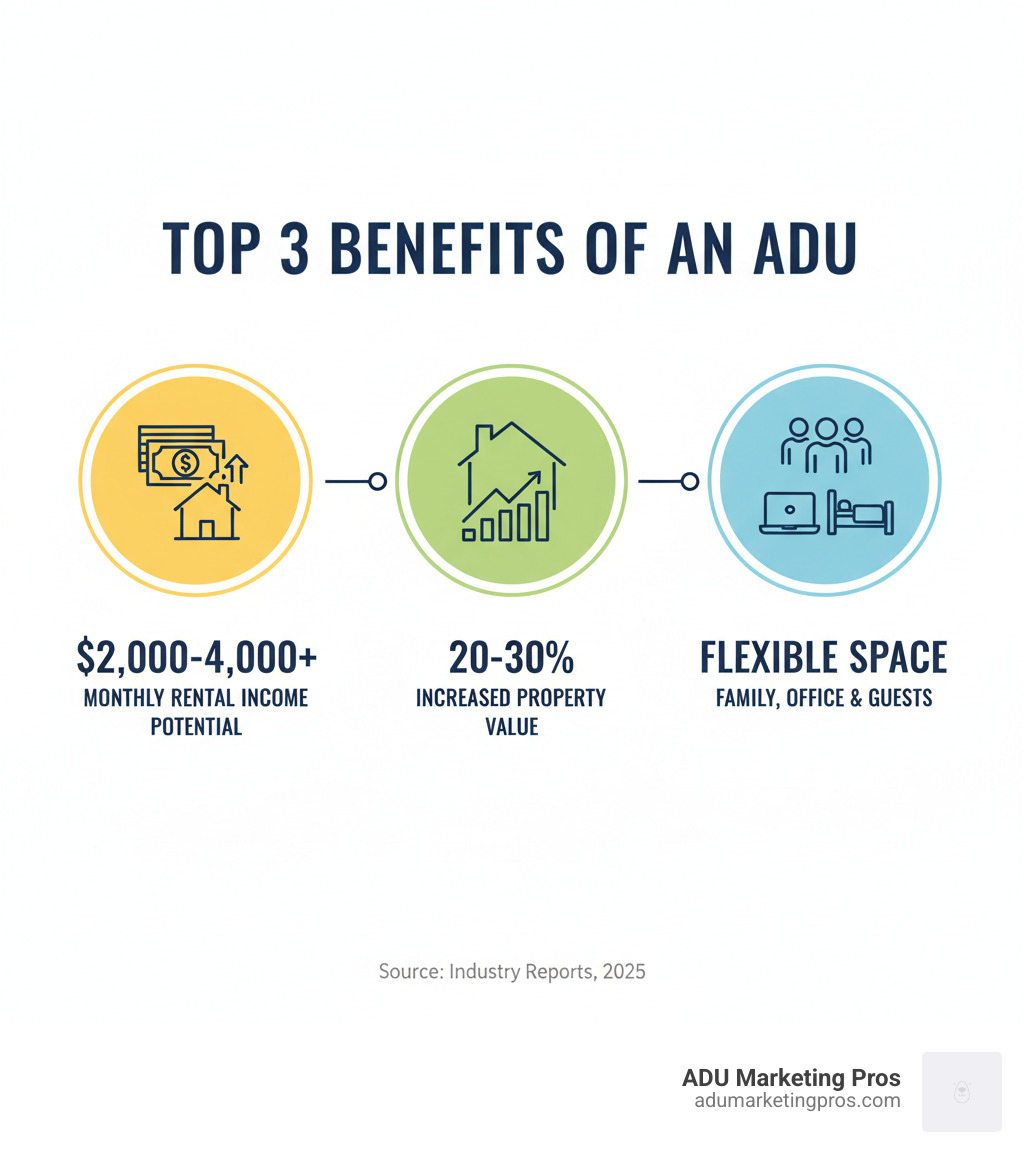 Infographic showing the top 3 benefits of building an ADU: generating rental income potential of $2,000-4,000+ monthly, increasing property value by 20-30%, and providing flexible space for family members, home office, or guest accommodation - Affordable ADU plans infographic Infographic showing the top 3 benefits of building an ADU: generating rental income potential of $2,000-4,000+ monthly, increasing property value by 20-30%, and providing flexible space for family members, home office, or guest accommodation - Affordable ADU plans infographic