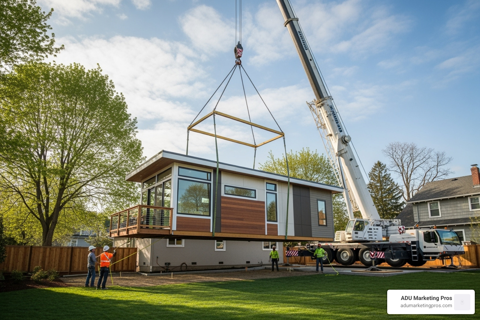 modular ADU unit being carefully craned into place in a residential backyard. - Affordable ADU plans modular ADU unit being carefully craned into place in a residential backyard. - Affordable ADU plans