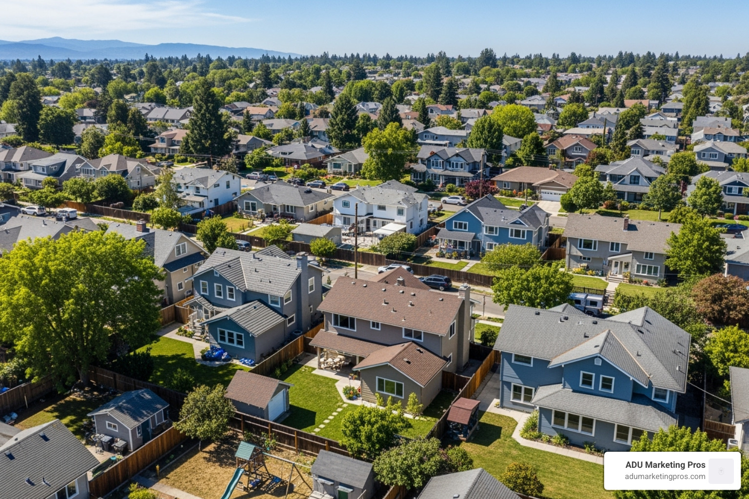 A vibrant neighborhood showing multiple ADUs integrated into existing properties, illustrating gentle density and increased housing options. - Affordable ADU plans A vibrant neighborhood showing multiple ADUs integrated into existing properties, illustrating gentle density and increased housing options. - Affordable ADU plans