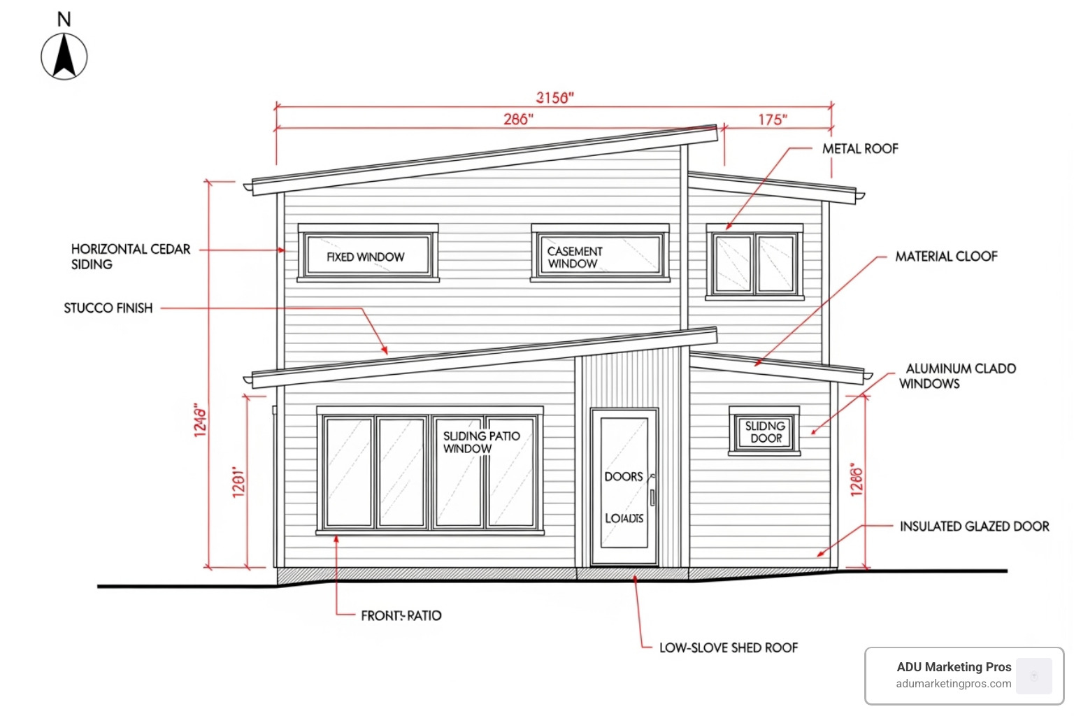 sample ADU elevation drawing, showing the exterior view with dimensions and material callouts. - Affordable ADU plans sample ADU elevation drawing, showing the exterior view with dimensions and material callouts. - Affordable ADU plans