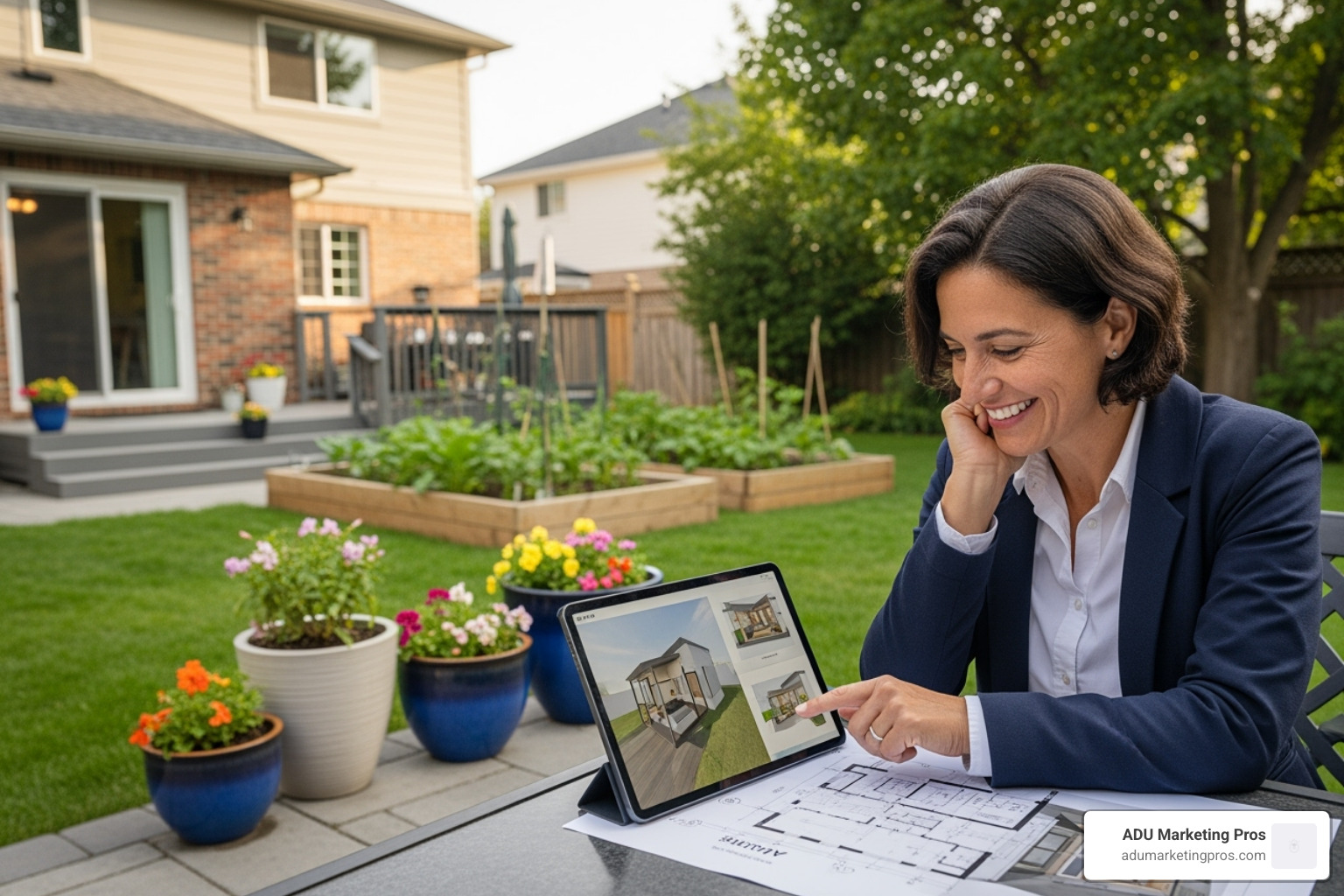 homeowner confidently reviewing ADU plans on a tablet in their backyard. - Affordable ADU plans homeowner confidently reviewing ADU plans on a tablet in their backyard. - Affordable ADU plans