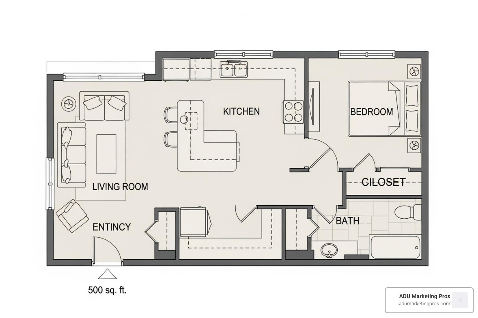 clean, easy-to-read floor plan for a 500 sq. ft. one-bedroom ADU, highlighting the efficient layout. - Affordable ADU plans clean, easy-to-read floor plan for a 500 sq. ft. one-bedroom ADU, highlighting the efficient layout. - Affordable ADU plans