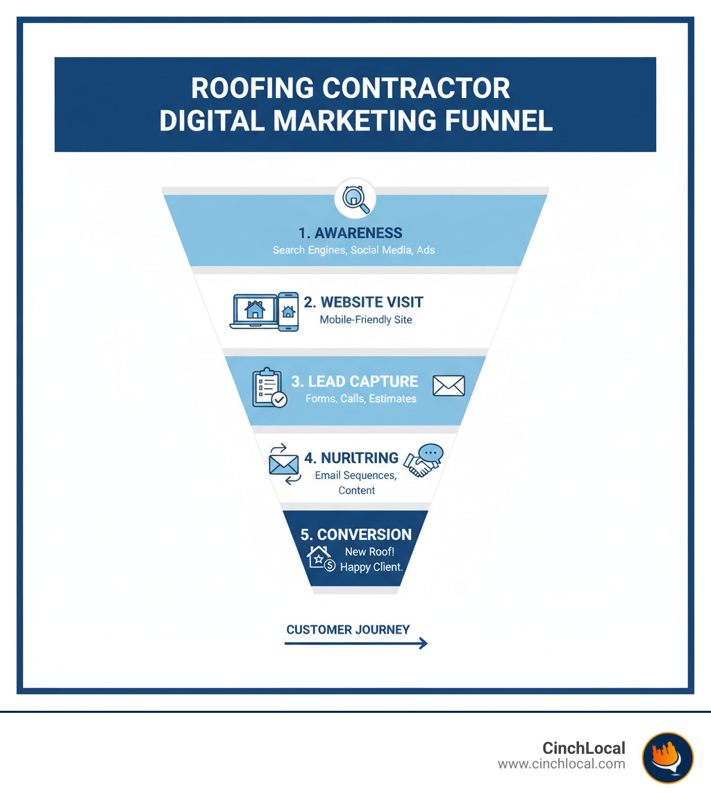 Comprehensive digital marketing funnel showing the customer journey from awareness through website visits, lead capture, nurturing, and conversion for roofing contractors - digital marketing solutions infographic 