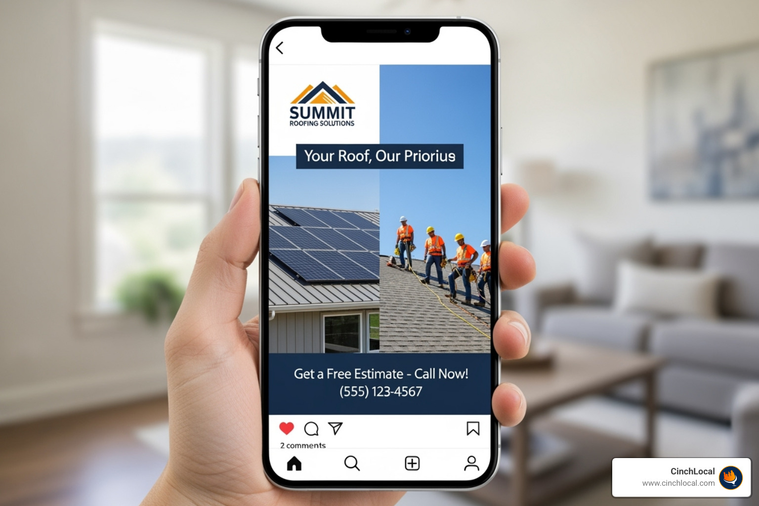 Smartphone displaying a roofing contractor's ad in a social media feed - digital marketing solutions