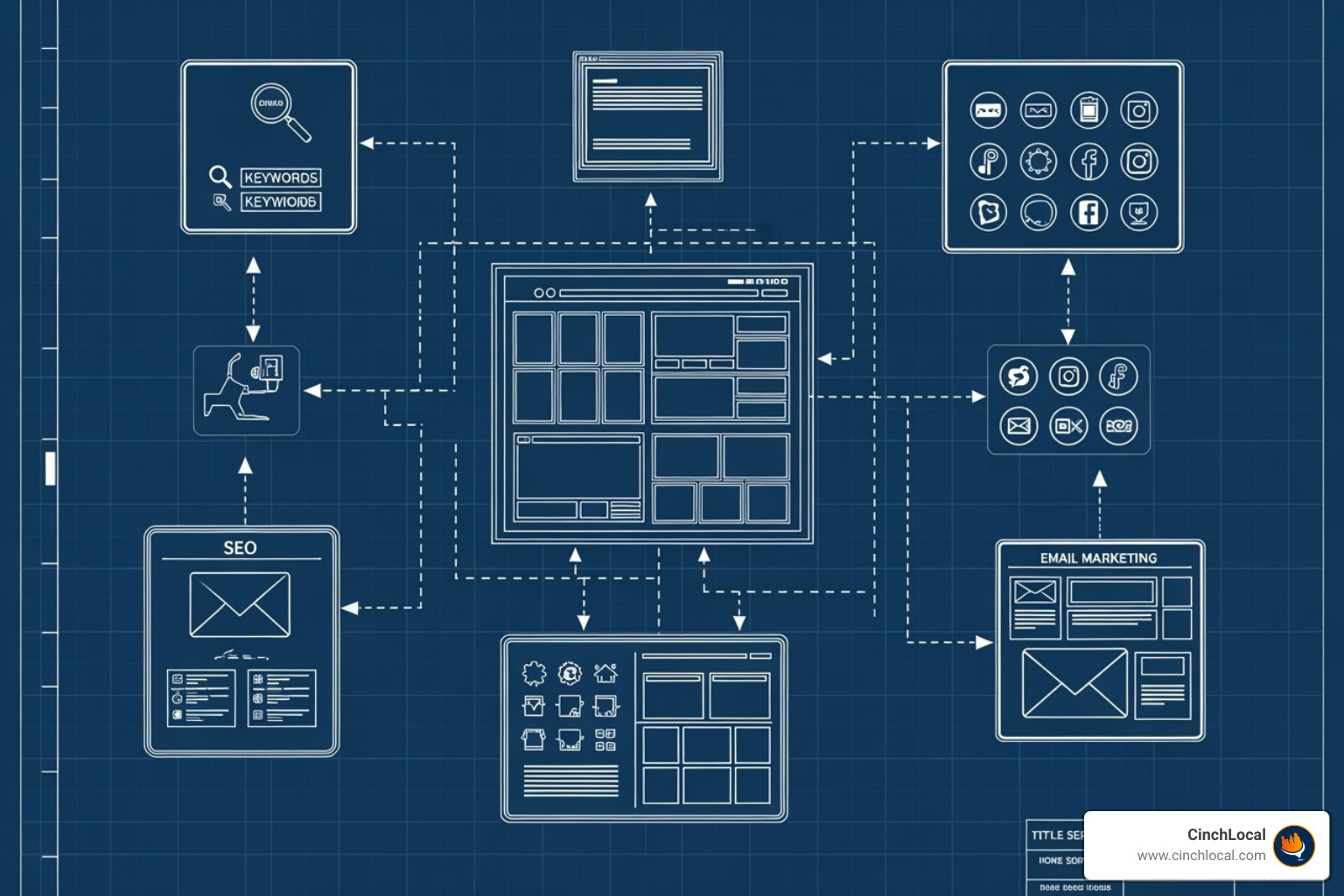 Blueprint showing interconnected digital marketing components for contractors - digital marketing solutions