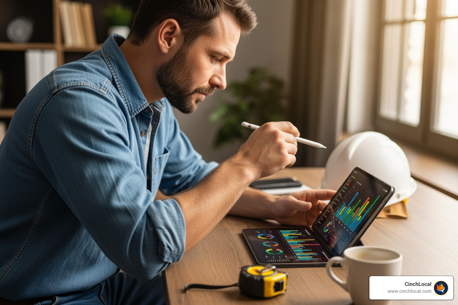 Roofing contractor analyzing business growth charts on a tablet - digital marketing solutions