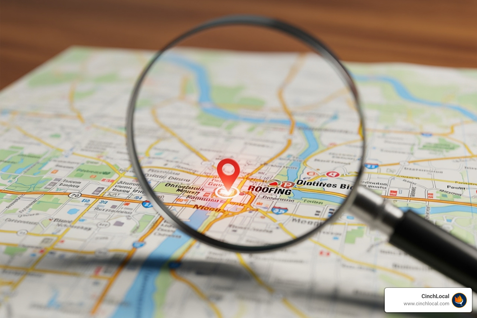 Magnifying glass over a map highlighting a local roofing business - digital marketing solutions