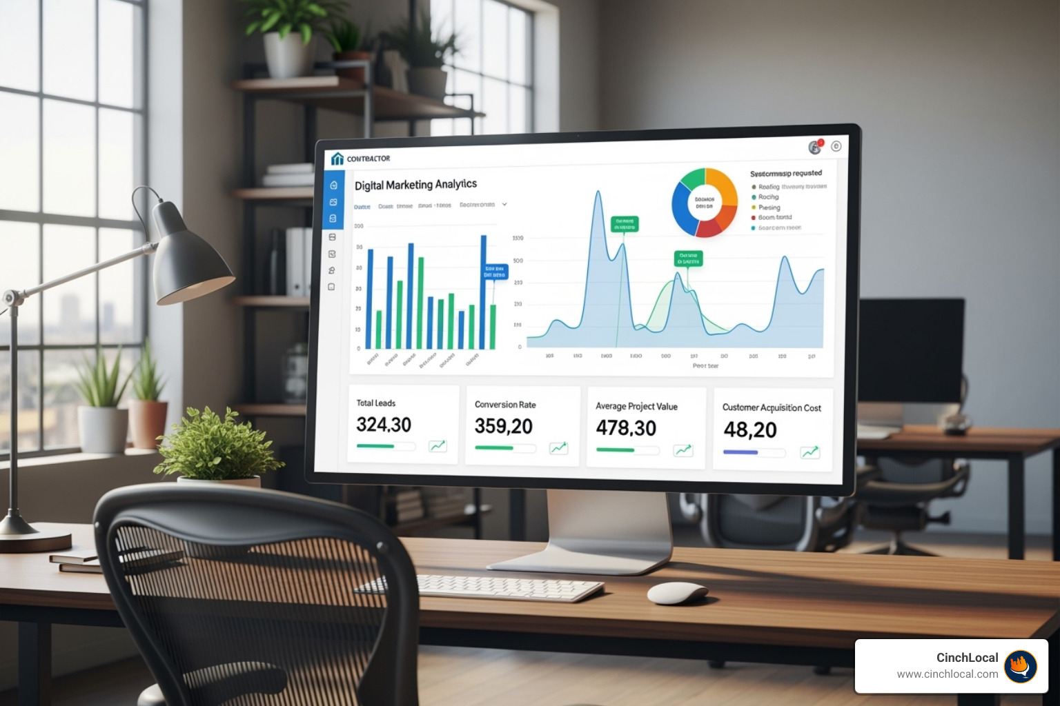 Dashboard displaying marketing analytics and key performance indicators for contractors - digital marketing solutions