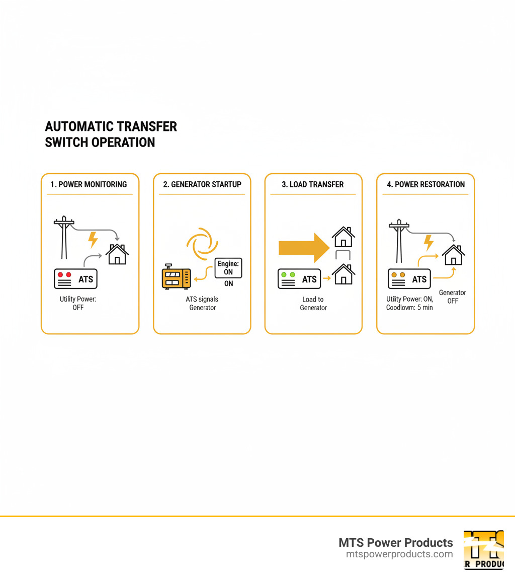 Detailed infographic showing automatic transfer switch operation during power outage, including utility power monitoring, generator startup sequence, load transfer process, and restoration to utility power with generator cooldown - how to install a generator automatic transfer switch infographic 