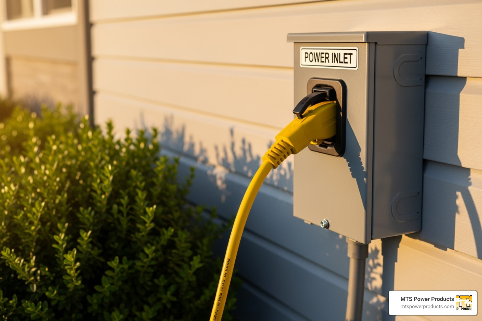 An outdoor generator power inlet box with a heavy-duty electrical cord plugged into it, ready for generator connection - how to install a generator automatic transfer switch