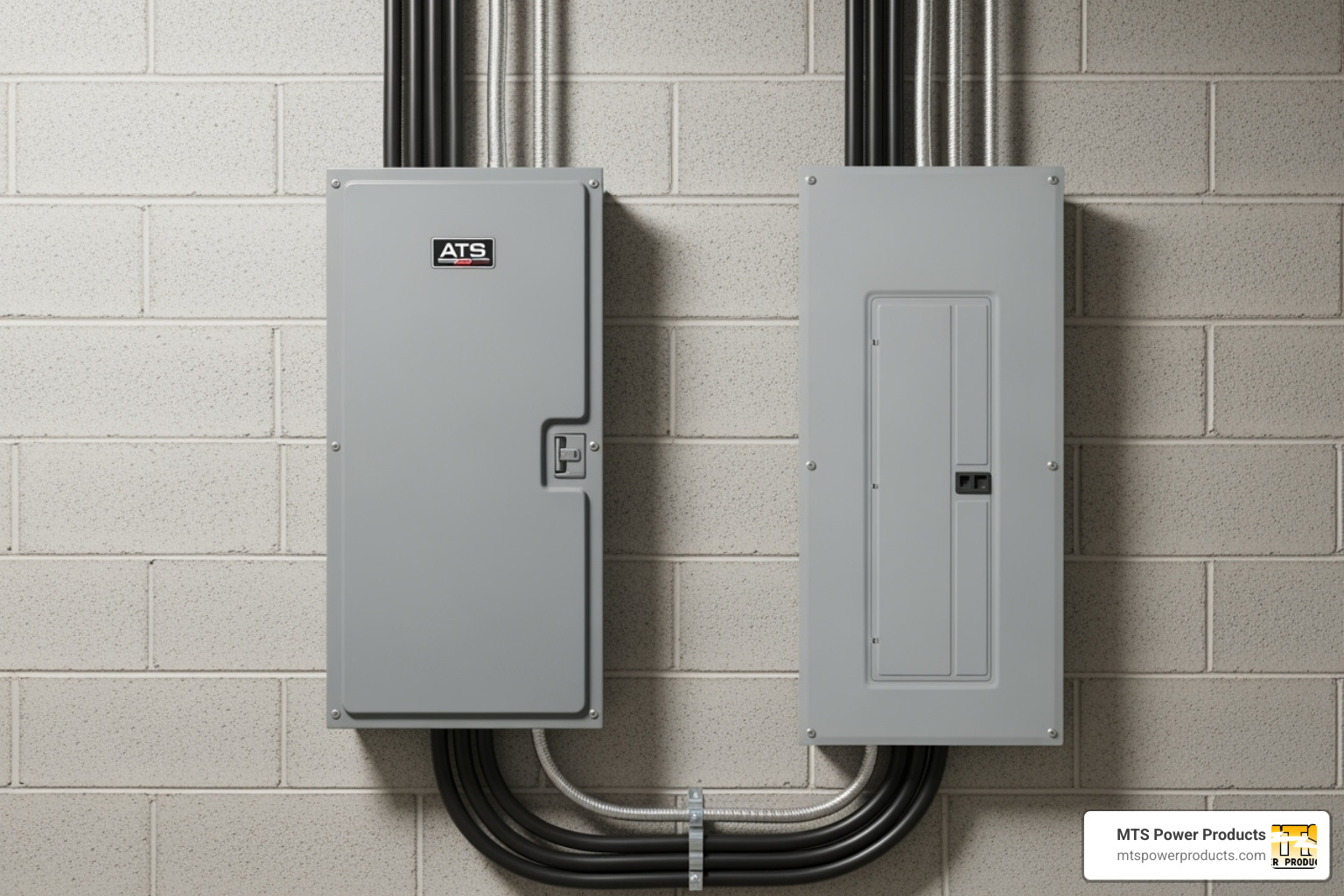 An automatic transfer switch enclosure mounted on a wall next to a residential main electrical panel, demonstrating proper placement - how to install a generator automatic transfer switch