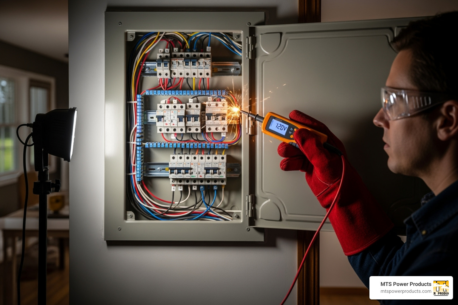 A person wearing safety glasses and insulated gloves holding a voltage tester to an electrical panel, emphasizing safety gear - how to install a generator automatic transfer switch