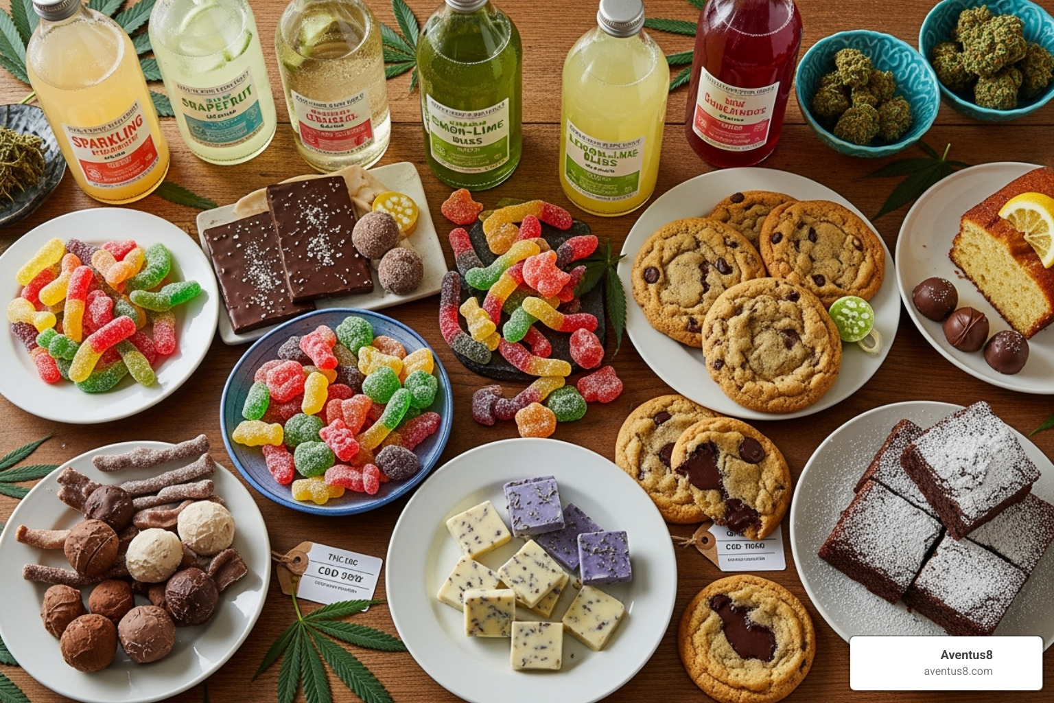 various types of Aventus8 edibles including gummies, chocolates, beverages, and baked goods - Best cannabis edibles