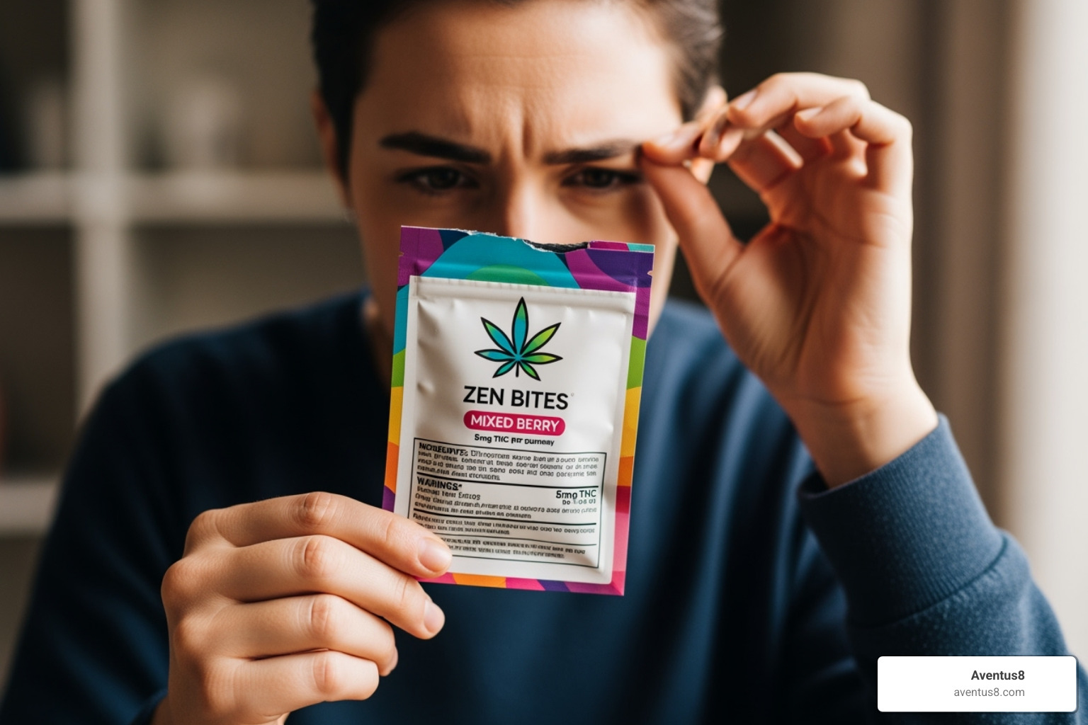 person carefully reading the label on a package of Aventus8 cannabis gummies - Best cannabis edibles