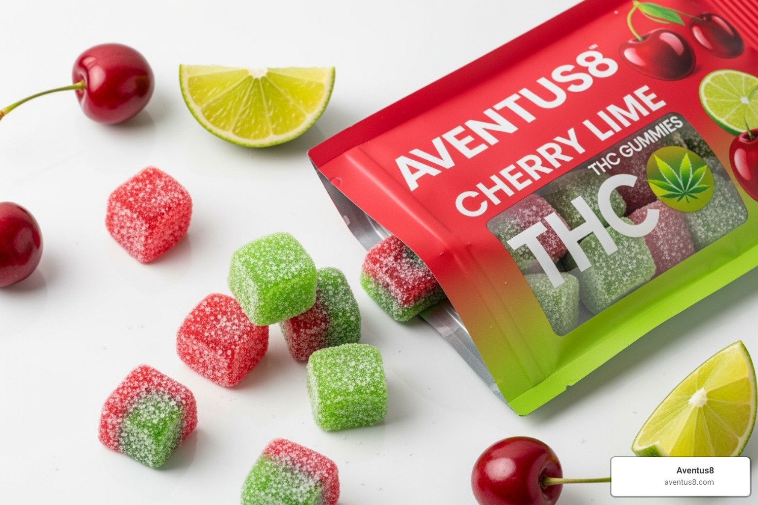 Aventus8 Cherry Lime THC Gummies package and product - Best cannabis edibles