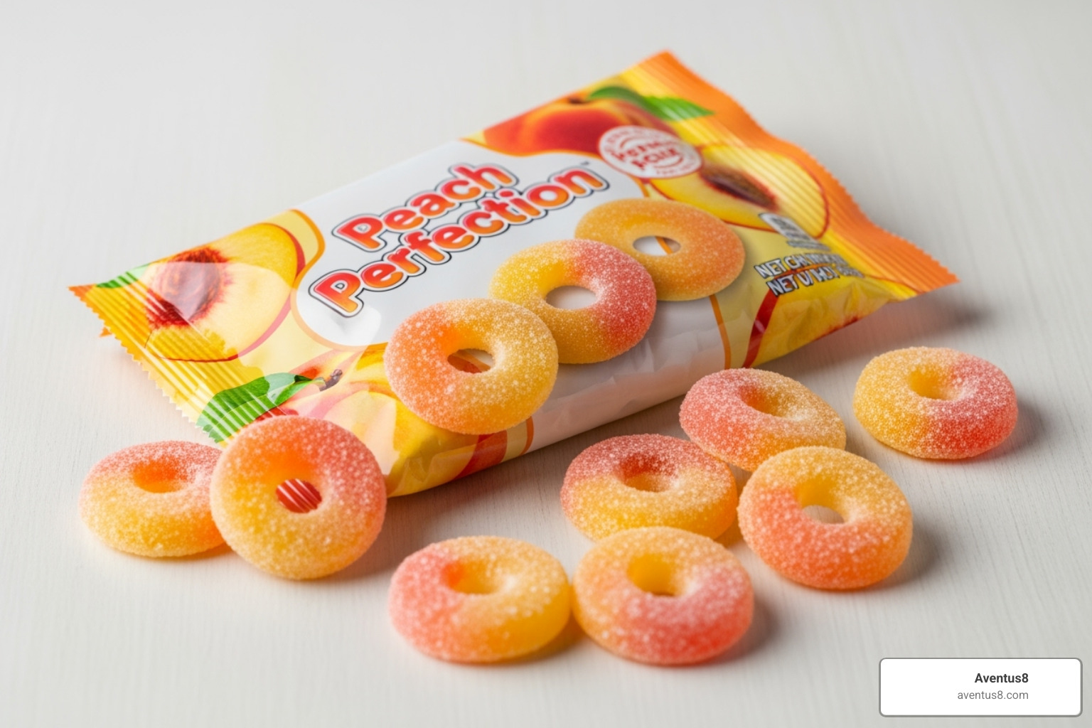 Aventus8 Peach Rings package and product - Best cannabis edibles