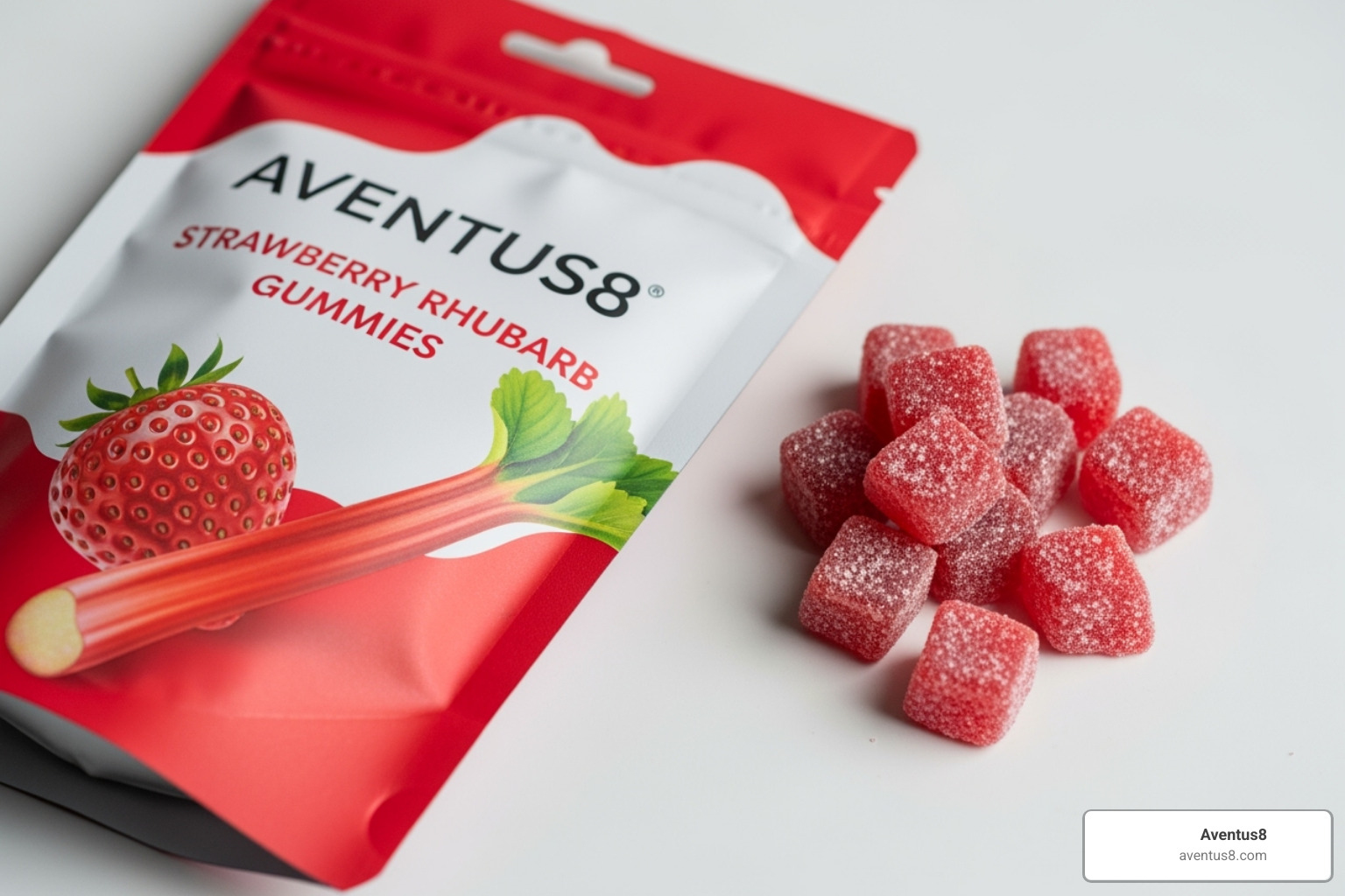 Aventus8 Strawberry Rhubarb Gummy package and product - Best cannabis edibles