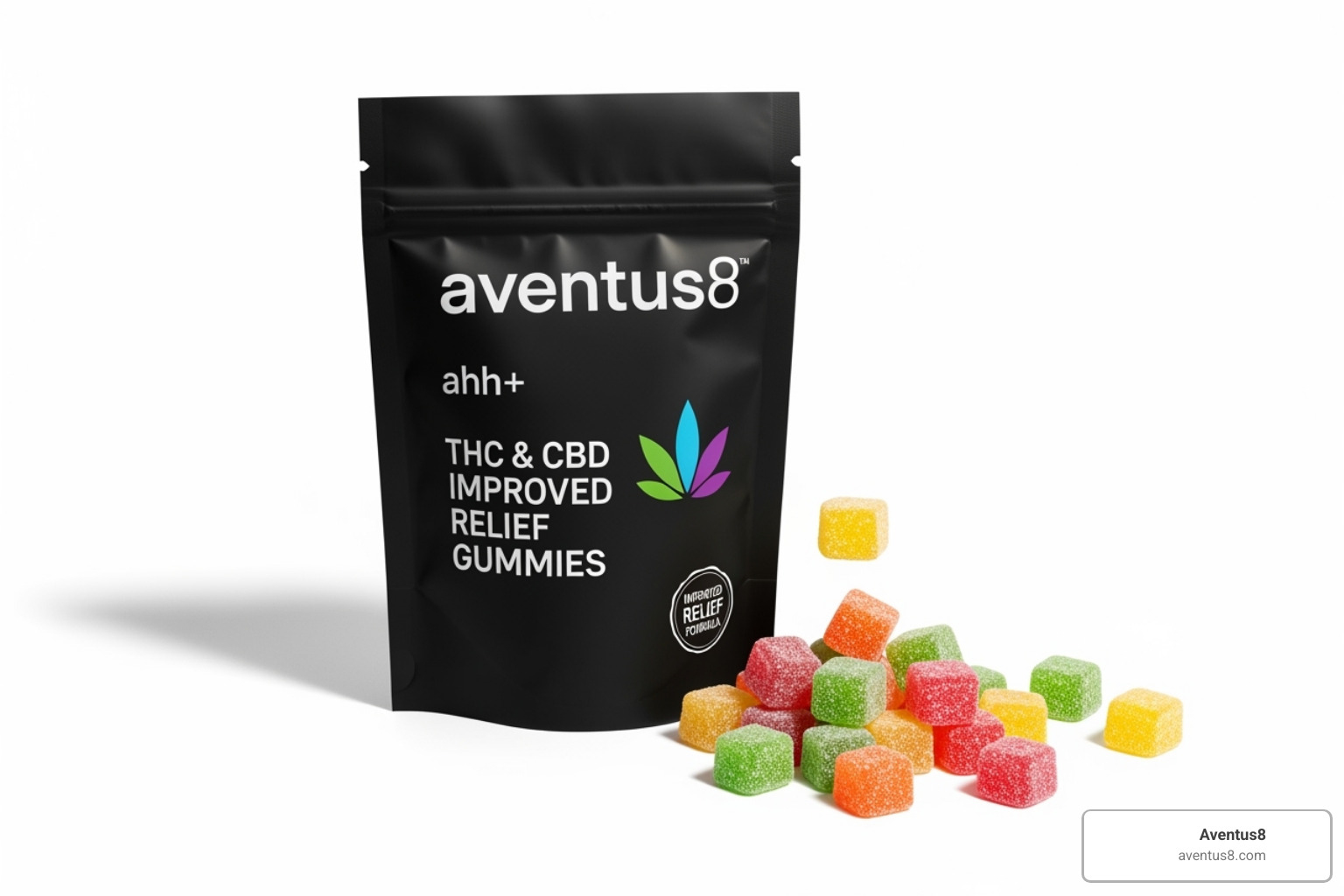 Aventus8 ahhh+ THC & CBD Improved Relief Gummies package and product - Best cannabis edibles