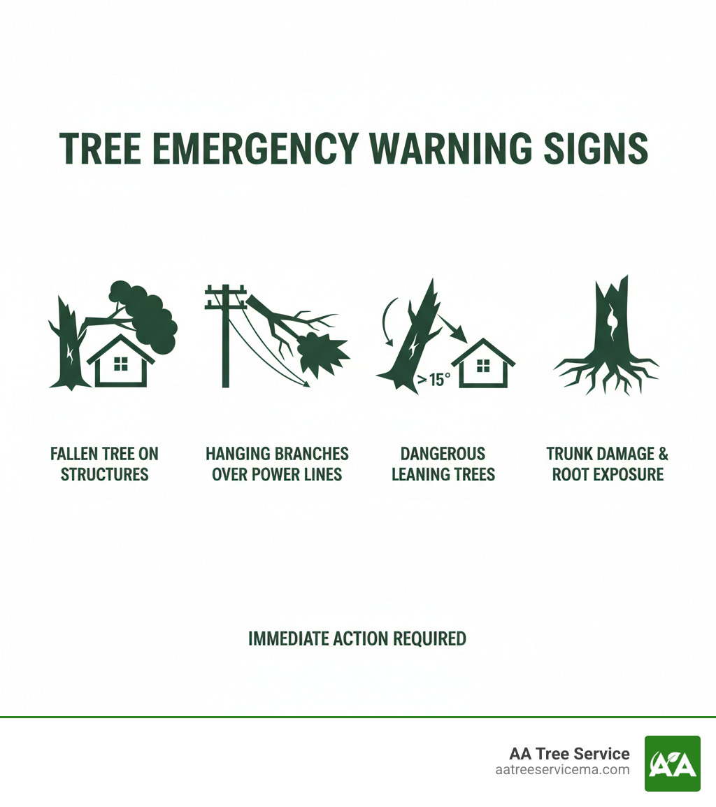 Infographic showing key signs of tree emergencies including fallen trees on structures, large hanging branches over power lines, trees leaning dangerously toward homes, and visible trunk damage or root exposure - tree emergency services infographic 