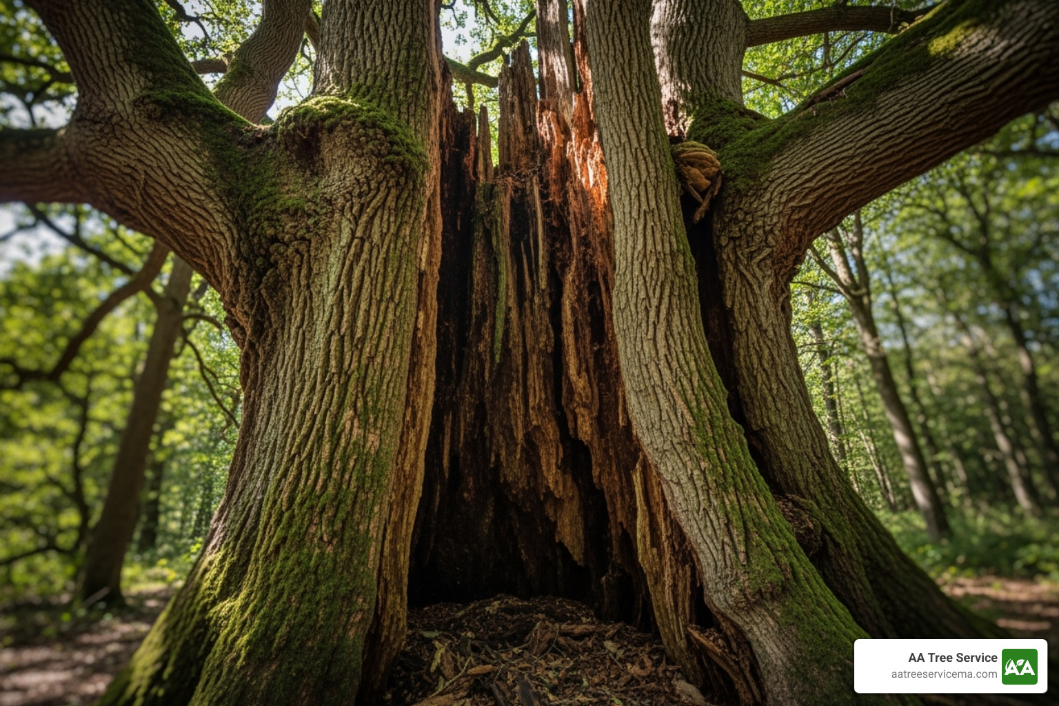 tree with a large, split trunk, showing signs of internal decay - tree emergency services