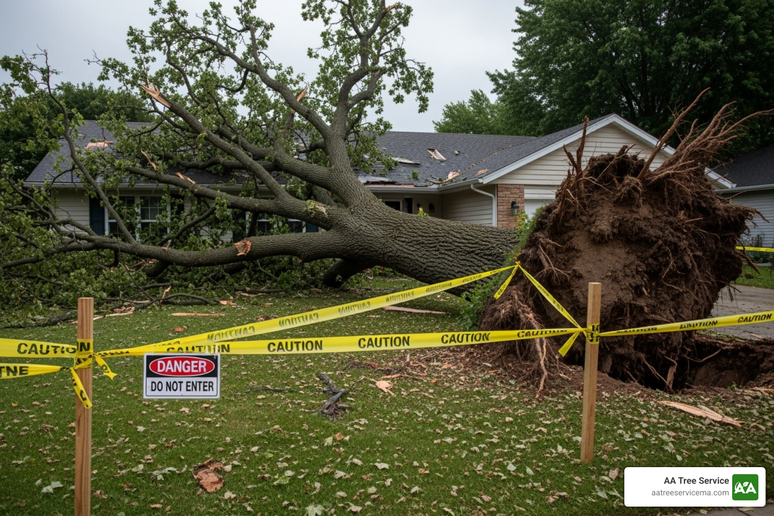 homeowner on the phone at a safe distance from a fallen tree, with yellow caution tape in the background - tree emergency services